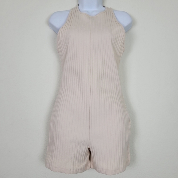 Zara Racerback Ribbed Knit Oatmeal Cream Colored Sleeveless Romper Cat Suit - Picture 2 of 10